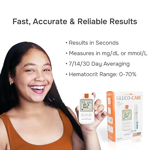 Gluco-Care Glucose Monitor Kit - Sleek White Design, Clear Display, Auto Calibration, Glucometer Kit with Strips and Lancets, 5 Sec Results, 500 Memory, Travel Case, 1 Lancing Device, Convenient Blood Surgar Testing for Diabetes