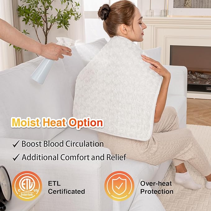 Woomer Faux Fur Electric Heating Pad for Back Pain Relief, Extra Large 20” x 24”, Extended Coverage from Neck to Hip, Two-Sided, Moist Mode, ETL Certified, 6 Adjustable Heats & 2H Auto-Off,White