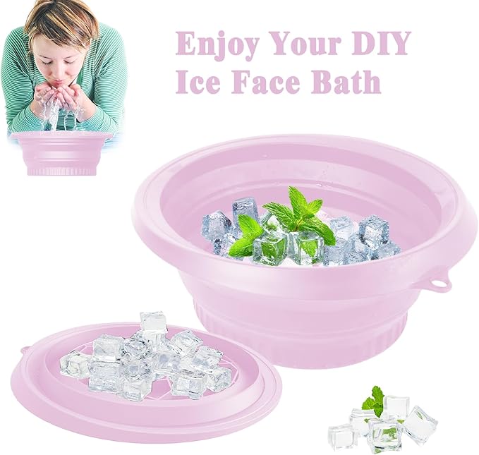Large Silicone Bowl for Face Ice Bath with Built-In Icetray, Foldable and Hanging Design for Easy Storage and Carrying, Dipping Face Ice Bath at Home and Travel (Purple)