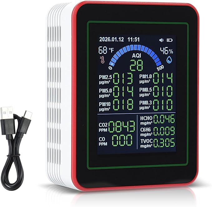 18-in-1 Smart Air Quality Monitor Real-Time Detector for AQI | CO2 | PM2.5 | PM1.0 | PM10 | TVOC | HCHO with Time Display White Indoor Air Quality Tester with USB Type-C Charging Cable