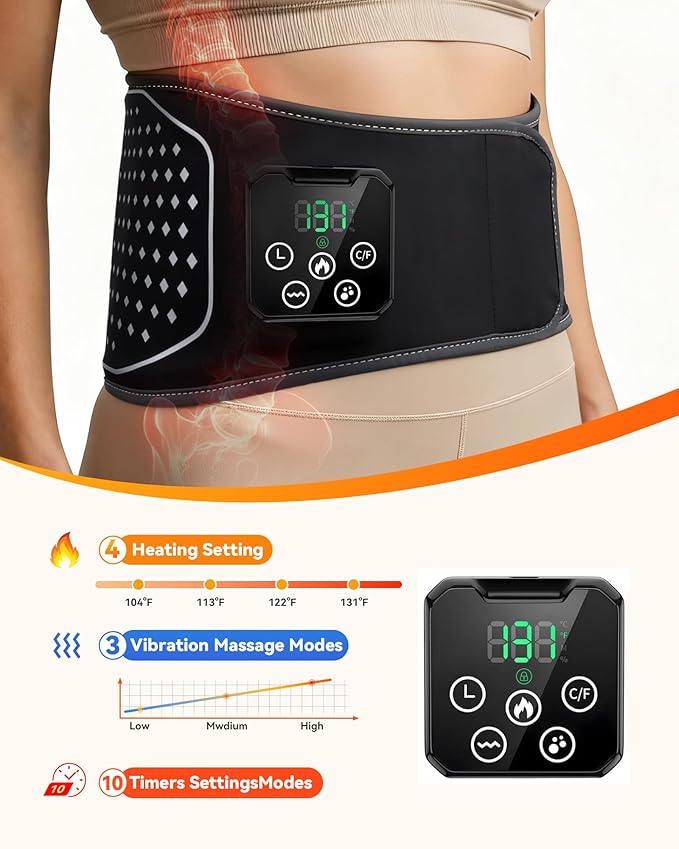 Cordless Heating Pad with Massager for Lower Back Pain Relief, Heated Waist Belt Wrap, Back Brace Lumbar Support with Heat Vibration 3 Levels Adjustable, Touchscreen, Gifts for Dad, Mom