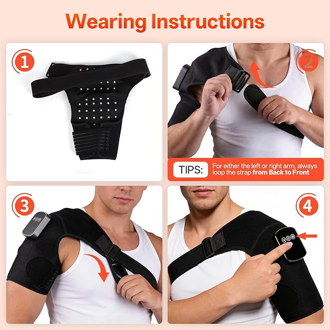 Kammoy Red Light Therapy for Shoulder with Heat & Massage, 6 Modes, 5000mAh Cordless Controller, 228 LEDs 660nm & 850nm, Portable Heated Shoulder Wrap, 120–480 Min Runtime (Black)