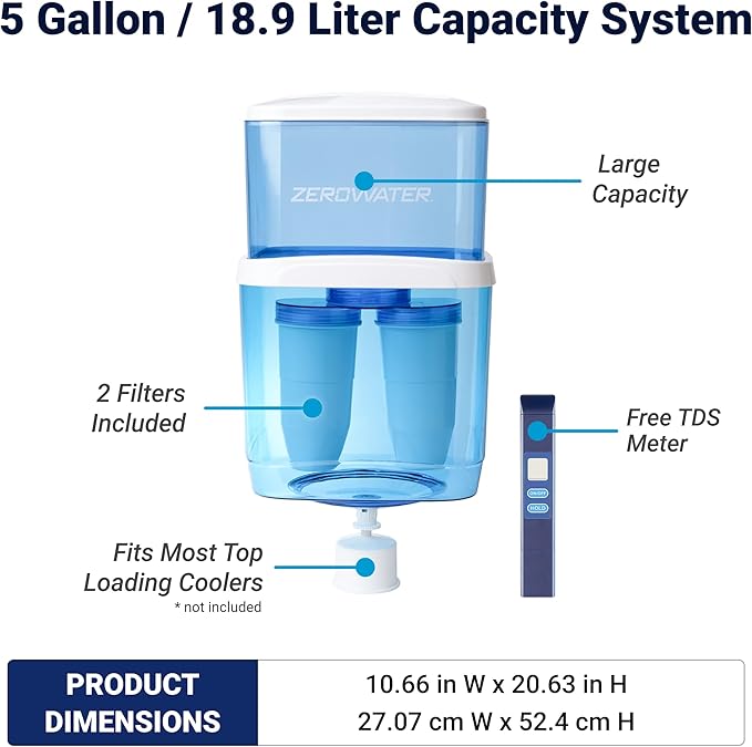 ZeroWater ZJ-004S, Refillable Filtered Water Cooler Jug, 5 Gallon Capacity, NSF Certified to Reduce Lead, Other Heavy Metals and PFOA/PFOS, Blue