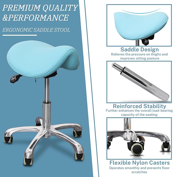 Saddle Stool with Wheels,Rolling Stool,Rolling Chair Ergonomic Swivel Rolling Chair with Hydraulic Lifting Height Adjustable Rolling for Office Medical Massage Salon Drafting(Blue)