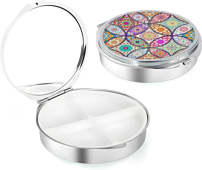Weekly Pill Case, Medicine Planner, Vitamin Organizer Box, Portable Daily Pill Box with Compartments,Pocket Purse Metal Medicine Organizer Unique Gifts,Mandala