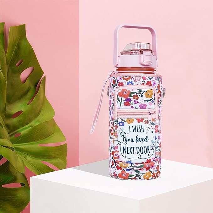 Best Friend Gift Women - Half Gallon Water Bottle with Sleeve - I Wish You Lived Next Door - Best Friend - BPA Free 64 OZ Water Bottle - with Time Marker Leakproof Water Jug