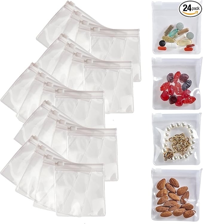 Smooth Trip Pill Bags for Travel - 24 Reusable Certified Food Grade Zip Top Pill Pouches for Medicine, Vitamins, Snacks and Accessories - Larger 3.25 x 3.5" Size