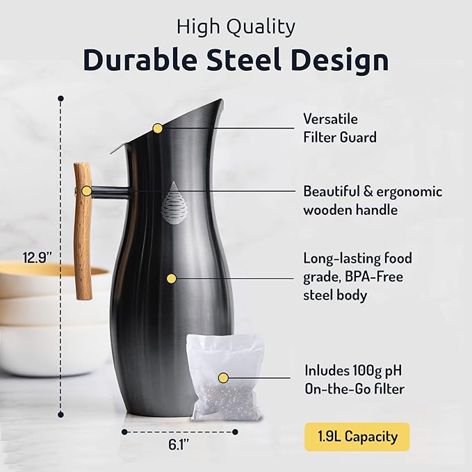 Invigorated Water pH Vitality Stainless Steel Alkaline Water Filter Pitcher - High pH Water Purifier with 1 Alkalizer Filter Pouch (400-Liter Capacity), 8-Cup (1.9L, Black) (Pack of 2)