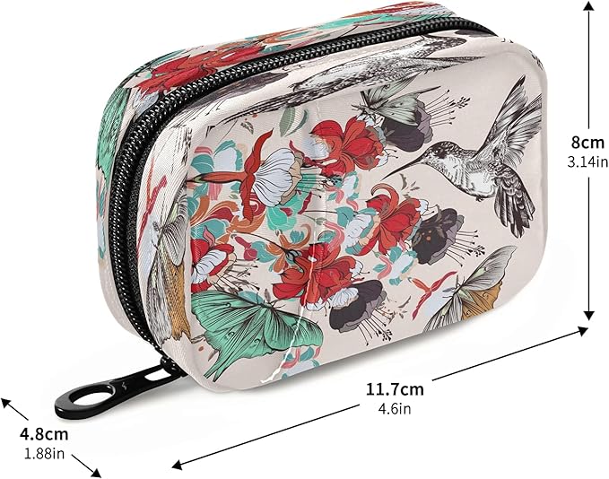 Naanle Floral Butterfly Hummingbird 7 Day Pill Case Travel Pill Organizer Bag with Zipper Portable Weekly Case Compact Size for Vitamin Supplement Holder