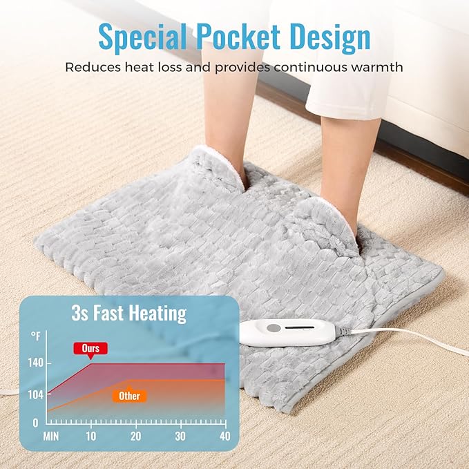 Electric Heated Foot Warmer Soft Flannel Foot Heater with 2h Auto Off & 3 Heat Levels Full Body Use Heating Pad for Feet, Abdomen, Cramps, Pain Relief Pocket Design 16" x 22" Light Grey