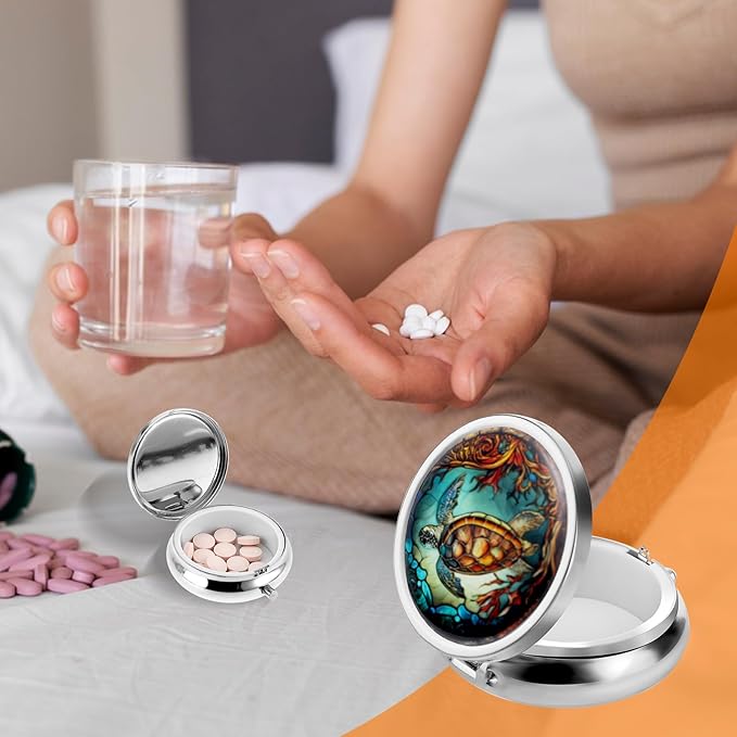 Pill Box Cute Small Pill Box for Purse & Pocket Medicine Organizer Travel Pillbox Waterproof Pills Cases Metal Pills Container Holder for Vitamins, Fish Oil, Supplements (Grey sea Turtle)