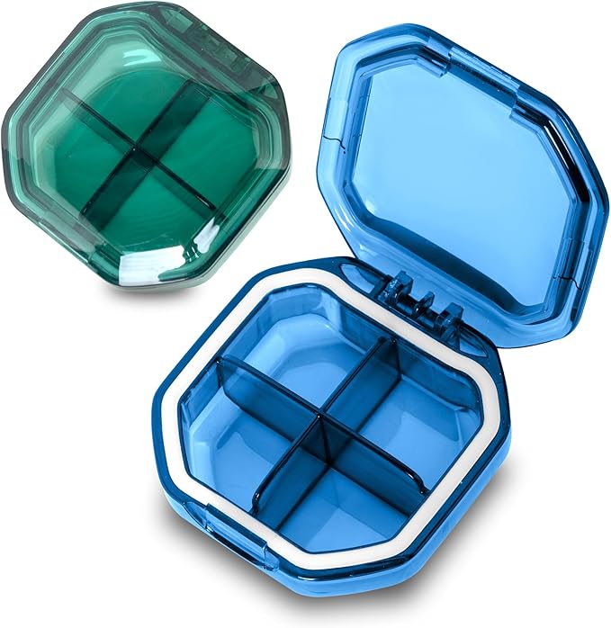 Daily Pill Organizer, 2 Pack 4 Compartments Small Pill Box Portable Pill Case, Travel Pill Organizer for Purse Pocket to Hold Vitamins, Cod Liver Oil, Supplements and Medication (Blue+Green)