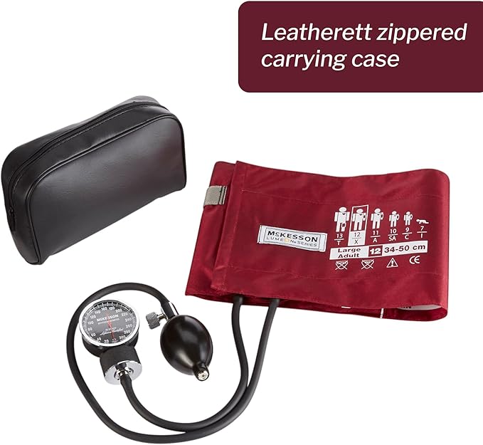 McKesson Aneroid Sphygmomanometer – Manual Blood Pressure Cuff Monitor with Carrying Case, Cuff 34-50 cm, Burgundy, 2 Count