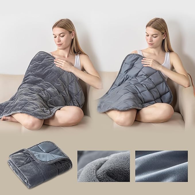 Weighted Blanket 7lbs for Adults (Double-Sided), Small Weighted Lap Pad with Reversible Warm Crystal Velvet and Cooling Tencel, Weighted Throw for Travel, Relaxationf|Machine Washable, Grey, 29" x 24"