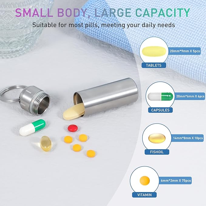 VTAR Pill Organizers, Waterproof Single Chamber Stainless Steel Travel Small Pill Box, Keychain Pill Holder Container for Purse or Pocket (Silver)
