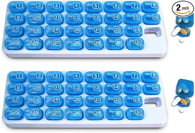 31 Day Monthly Pill Organizer with Pop Out Pocket Pill Pods and Storage Tray for Vitamins, Supplements, Home, Work or Travel - 2 Pack Blue