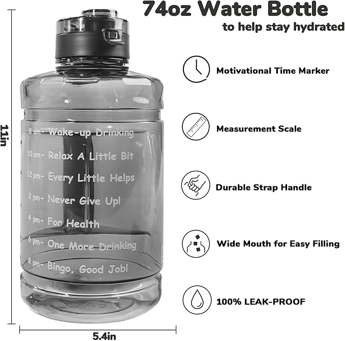 Large Water Bottle with Motivational Time Marker, 74oz Water Jug with Handle Leak-Proof, Clear Sport half gallon water Bottle for Gym Camping Workout Outdoors