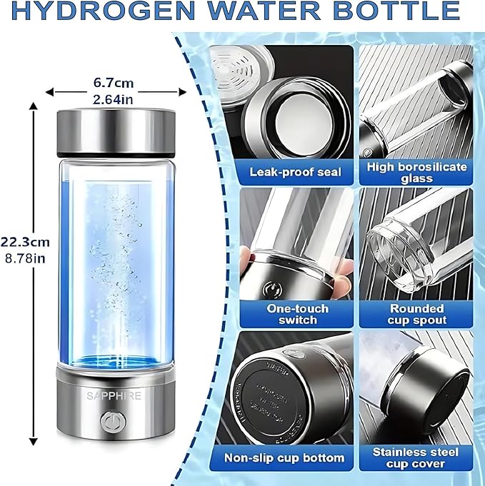 SAPPHIRE Hydrogen Water Bottle, 2025 Advanced 5th Generation SPE & PEM Technology, Portable & Rechargeable Hydrogen Water Bottle Generator, Chlorine & Ozone-Free, Stainless Steel 14oz