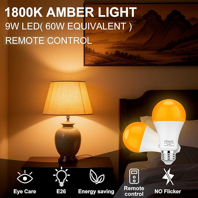 KINUR Amber Sleep Light Bulbs 1800K with Remote Controller, Blue Light Blocking A19, 9W for Sleep Therapy, Bedroom,Remote