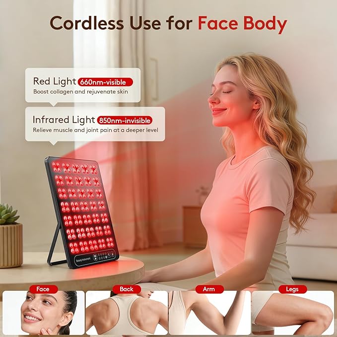 Red Light Therapy for Face Body: 660nm & 850nm Cordless Red Light Therapy Panel with Adjustable Stand - Red Infrared Light Panel with 3 Brightness Levels & Auto Off