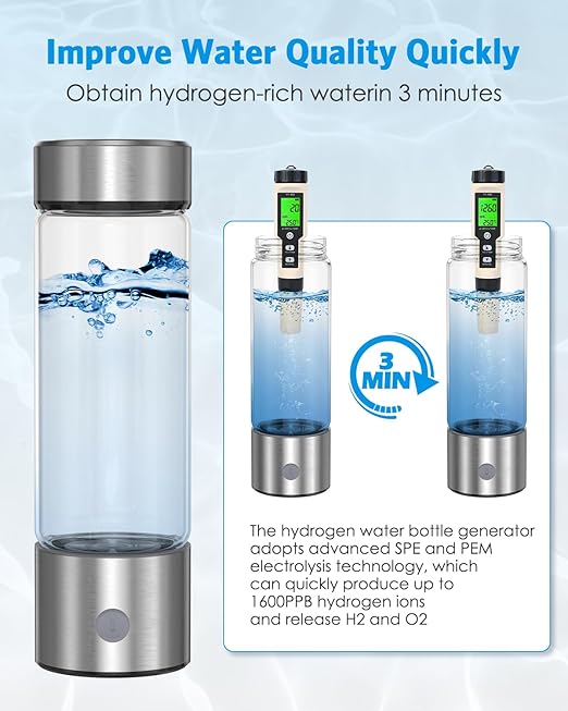 AMIR Portable Hydrogen Water Bottle, 460ml Hydrogenated Water Bottle Generator, Rechargeable Ionizer Machine with SPE/PEM Technology, 3-Min Quick Electrolysis, for Fitness, Travel, Home & Office