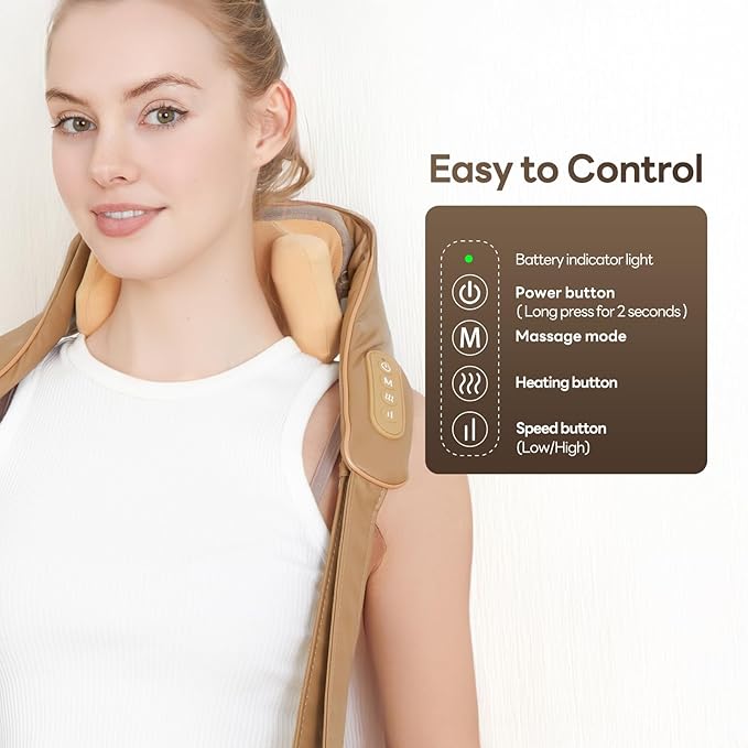 Neck Massager for Pain Relief Deep Tissue with Heat -Cordless Shiatsu 6D Kneading Massage for Neck,Shoulder,Christmas Gifts for Women/Men/Mom/Dad（PU-Yellow Brown）