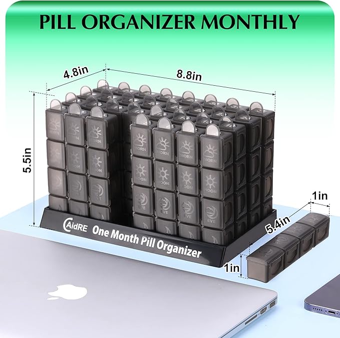 Monthly Pill Organizer 4 Times A Day, One Month Pill Organizer, Monthly Pill Box Organizer with 32 Daily Compartments for Fish Oil, Vitamins and Medications, 31 Day Pill Case, Black