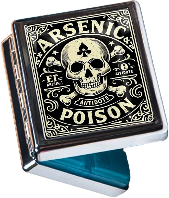 Cute Travel Pill Box Organizer with 8 Compartments - Compact and Fashionable Pill Case with Mirror - Ideal for Medications (Arsenic Antidote Label)