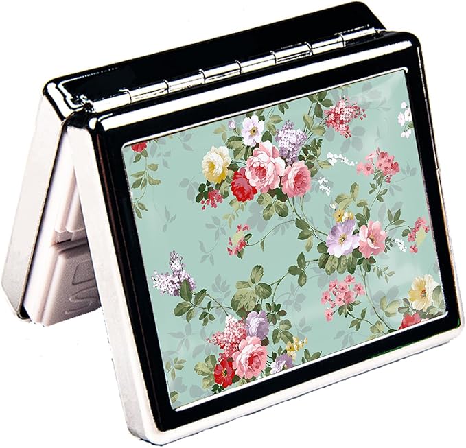 Silver Vintage Pill Box 7 Day Metal Pill Box with Mirror and 8 Compartments Cute Travel Pill Organizer for Purse (Vintage Floral)