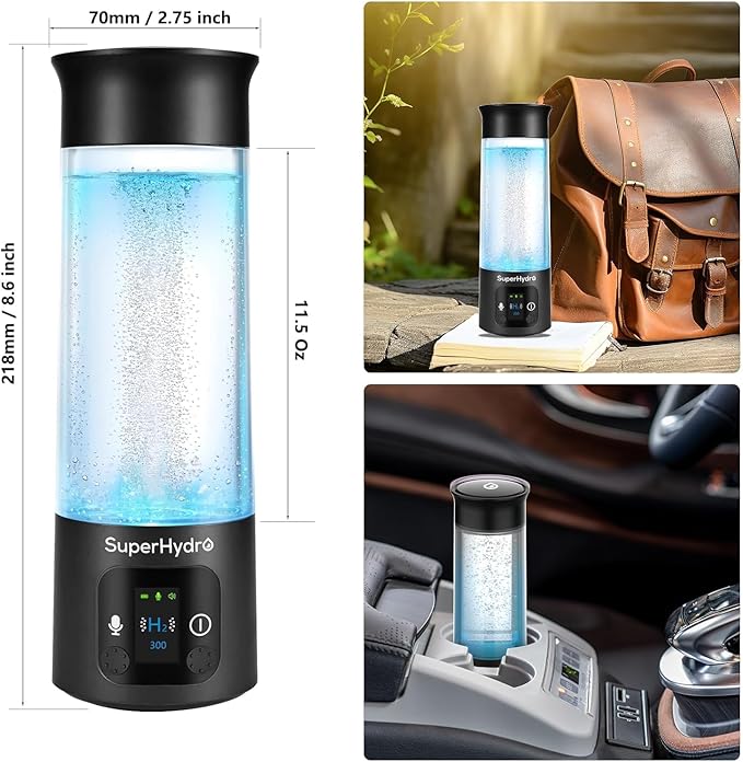 Hydrogen Water Bottle Generator - Up to 6000+ PPB Concentration - SPE/PEM Technology - Voice Reminder - Water Ionizer Machine Suitable for Travel, Daily and Office Drinking - 12oz (Black)