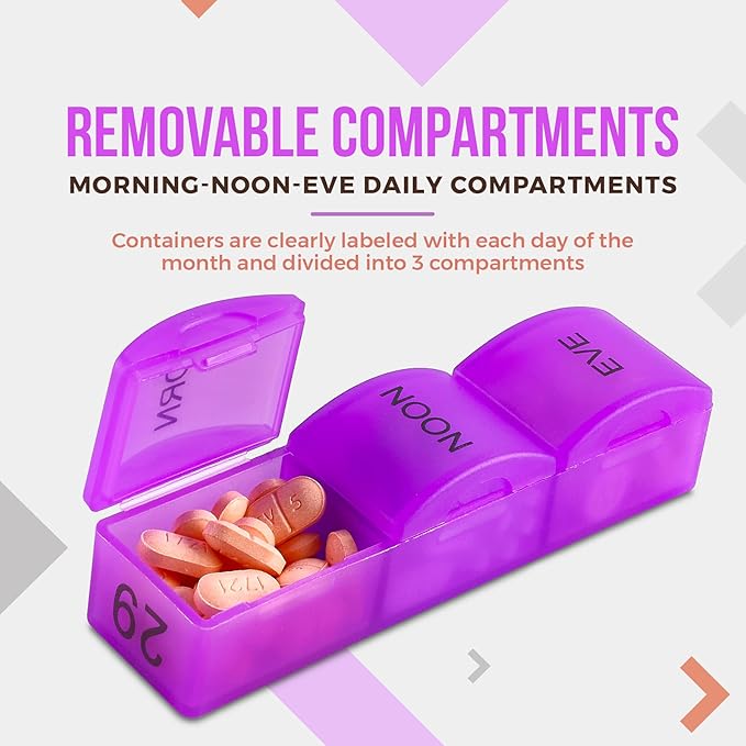 Month Pill Box Organizer - 3-Times-A-Day | Morning-Noon-Night - 30 Day Pill Case with 32 Daily Compartments for Vitamins, Supplements, Medication - Travel Monthly Pill Organizer 3 Times A Day
