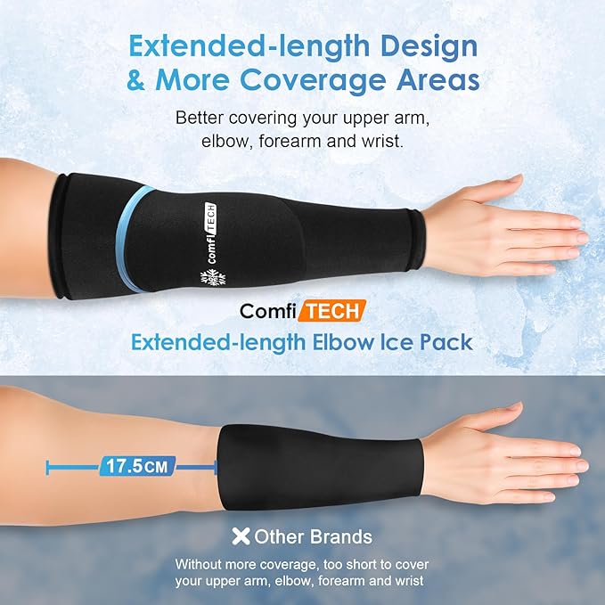 ComfiTECH Dual-Gel Full Arm Ice Pack Wrap with Extended 30-Min Cooling for Elbow, Detachable Cold Pack & Flexible Gel Ice Sleeve for Volleyball, Tennis Recovery, Muscle Relaxation, Medium, 2 Packs