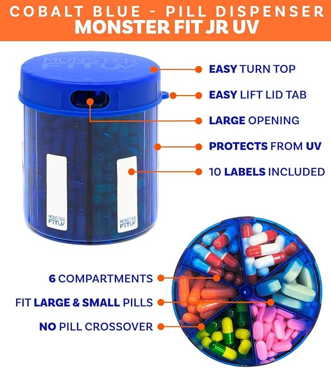 Monster Jr Supplement Pill Dispenser with Labels - Holds Small Medium Medication Vitamins and Easily Dispense from One Container Includes Compartment Labels (Monster Jr Blue UV - 1 Pack)