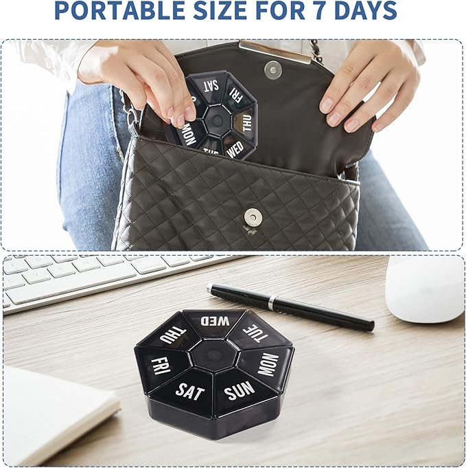 2 PCS-Large Weekly Pill Organizer,XL 7 Day Pill Box Case,Pill Dispenser Portable Small for Pocket or Travel,Pill Container for Vitamin, Cod Liver Oil, Pills, Supplements-Arthritis Friendly (Black)