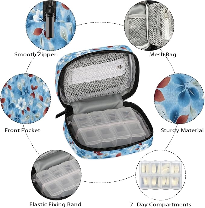 Flowers Leaves Blue Pill Case Everyday Travel, 7 Day Weekly Medicine Pill Box Compact Portable Pills Bottle Organizer with Zipper for Daily Vitamin Medicine Holder Bottle Organizers Bag