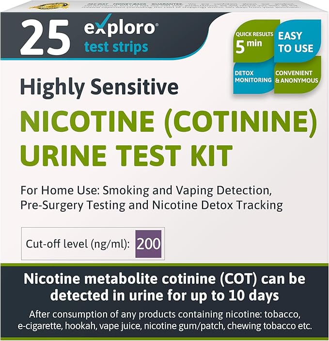 Exploro Nicotine Testing Kit at Home, Cotinine Urine Test, Highly Sensitive Nicotine Test Strips for Urine, Nicotine Test, Accurate Nicotene Test & Vape Test for Cut-Off Level 200 ng/ml (Pack of 25)