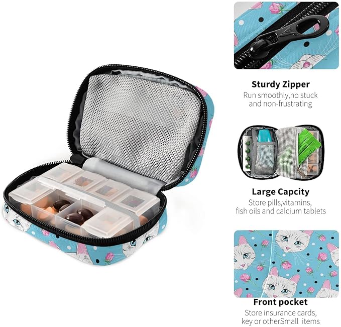 Pill Box Cat Rose 7 Day Pill Case Travel Pill Organizer Bag with Zipper Portable Weekly Vitamin Medicine Supplement Holder Pouch Bag