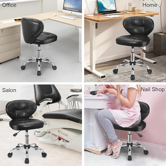JOSTZHXIN Home Rolling Stool, PU Leather Rolling Chair with Back, Height Adjustable Swivel Chair for Teen Petite Adults,Black