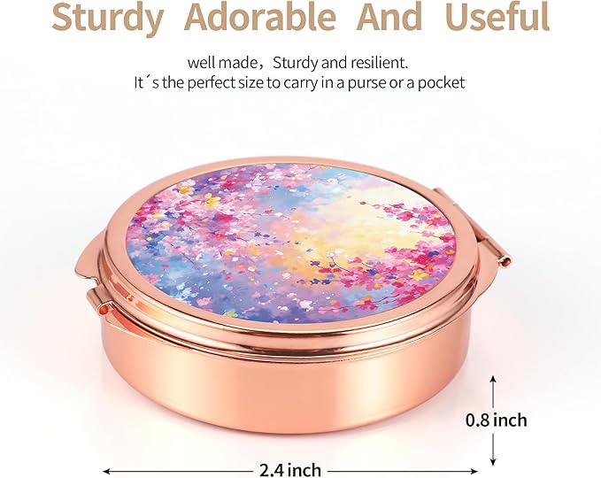 Dynippy Pill Case Pill Box with Mirror Pocket 3 Compartment Medicine Case Vitamin Pill Organizer for Pocket Purse and Travel (Round, Rose Gold-Dreamy Blooms)