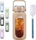 BLUEGO 64oz Glass Water Bottles with Straw Time Marker Half Gallon Large Motivational Water Bottle with Silicone Sleeve 2 Liter Large Glass Water Jug for Gym, Sports& Workout, Daily, Amber