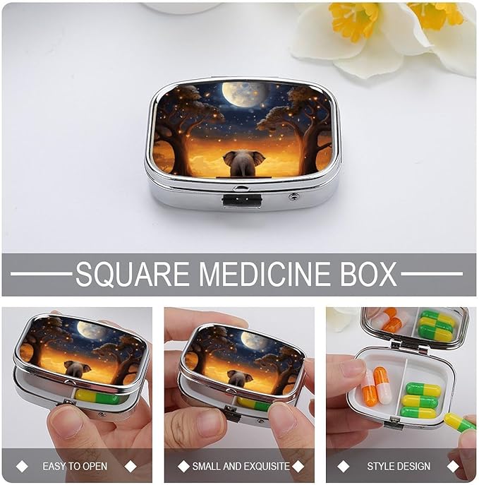 Animal Elephant Owl Tree Moon Star Pill Box Small Metal Pill Case for Purse & Pocket 2 Compartment Pill Organizer with Mirror Travel Pillbox Medicine Case Portable Pill Container Unique Gift