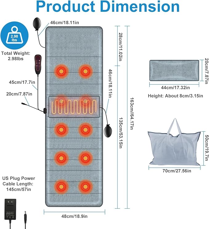 Full Body Massage Mat Electric Pad Cushion Heat Vibration Massage Pad with 10 Vibration Motors 3 Timers Inflatable Head Pillow Relax for Back Head Lumbar