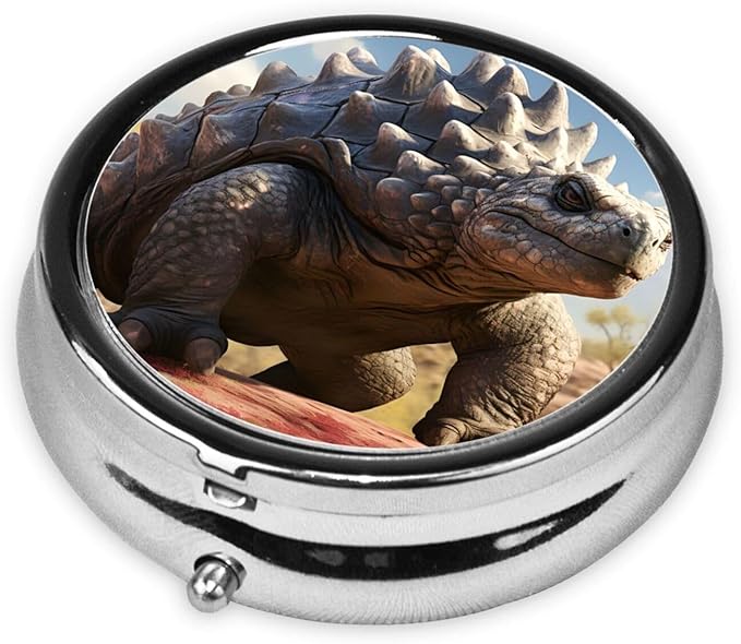 Ankylosaurus Dinosaur Pill Box 3 Compartment Pill Case, Portable Medicine Pill Organizer for Pocket Purse Pill Box Decorative Metal Medicine Vitamin Organizer