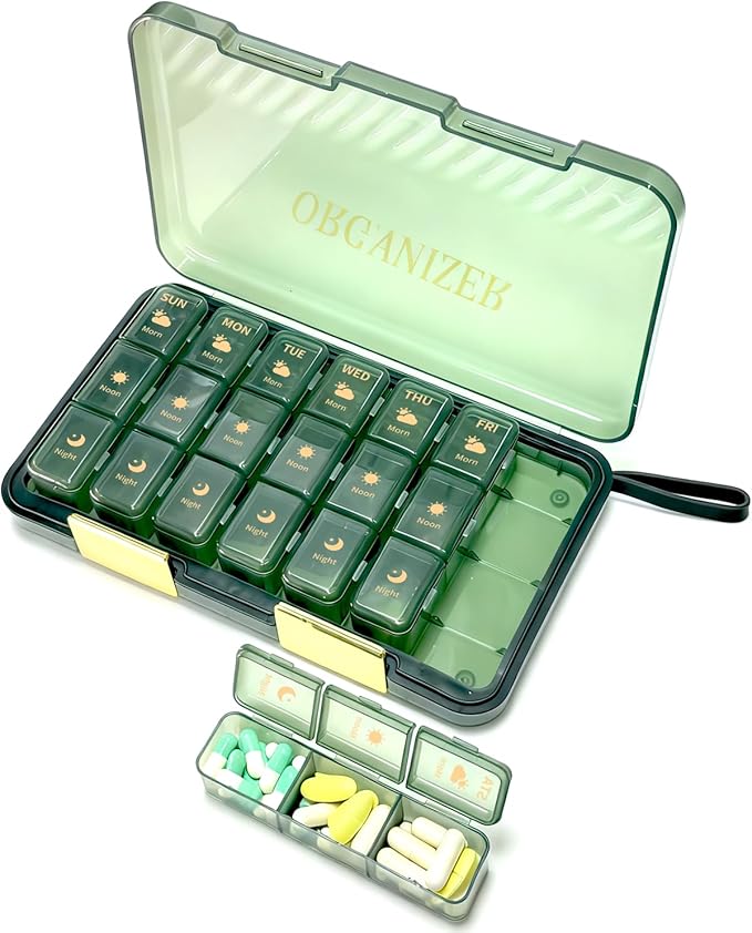 Weekly Medicine Pill Organizer 3X a Day, 7 Day 3 Times a Day Travel Pill Case for Purse, Cute Pill Box for Vitamins, Fish Oils, Supplements (Green)