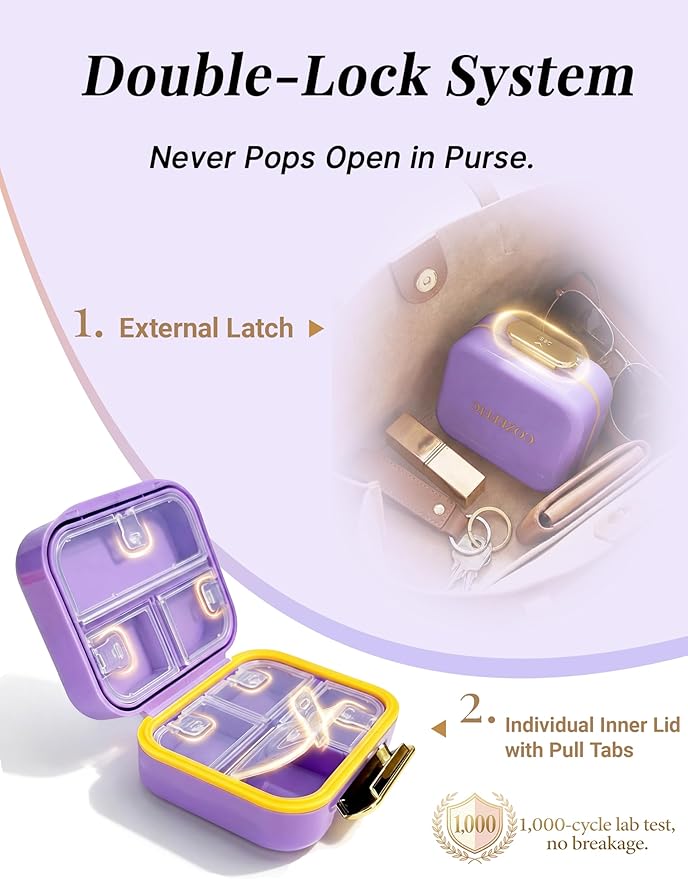 Small Pill Case Travel Pill Box with 7 Compartments for Purse - Compact Pill Organizer for Medicine Vitamin - Portable Container for Fish Oil & Supplements - Lavender