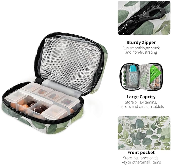 Travel Pill Case Green Leaf Counter Herb Plant Weekly Small Pill Box 7 Day Pill Box Pill Organizer Bag