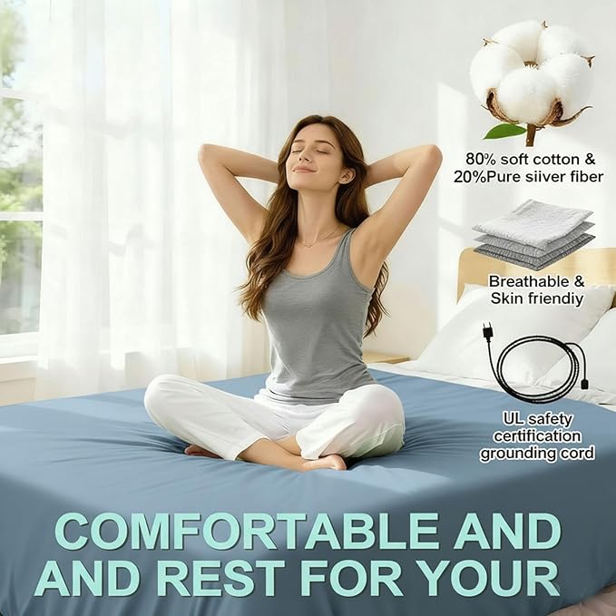 Grounding Sheets King Size, 20% Pure Silver Fiber + 80% Organic Cotton, Grounded Sheet Earth Connected Bedding