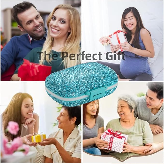 Daily 6 Compartments Pill Box Container Bling Diamond for Purse Medicine Container Holder for Women Travel Kit Medicine (Lake Blue)