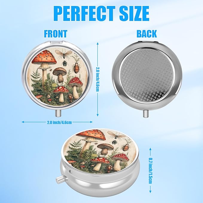 Vintage Mushroom Pill Case, Pill Box 3 Compartments Metal Small Pill Holder with Mirror Mini Travel Pill Container for Purse Pocket Women Men