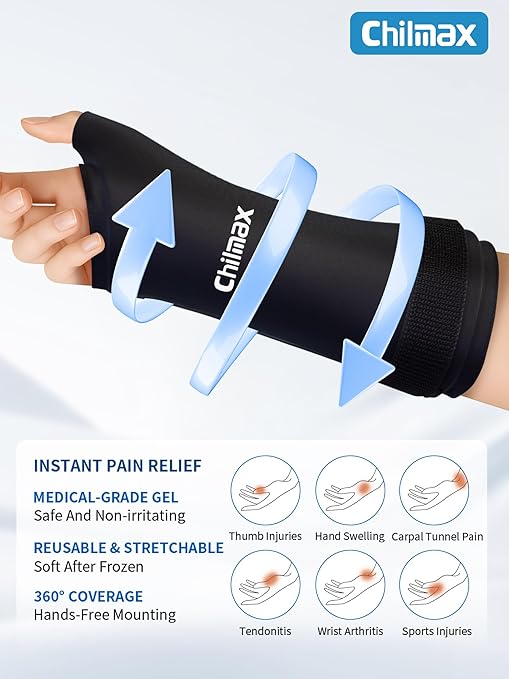 Wrist Ice Pack Wrap for Hand, Thumb & Arm with Extended Coverage, Carpal Tunnel Cooling Sleeve for Better Putting On & Off, Cold Gloves Reusable